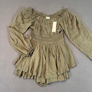 Urban Outfitters Rosie Smocked Tiered Ruffle Romper Sm‎ Polka Dot Dress Moss NWT